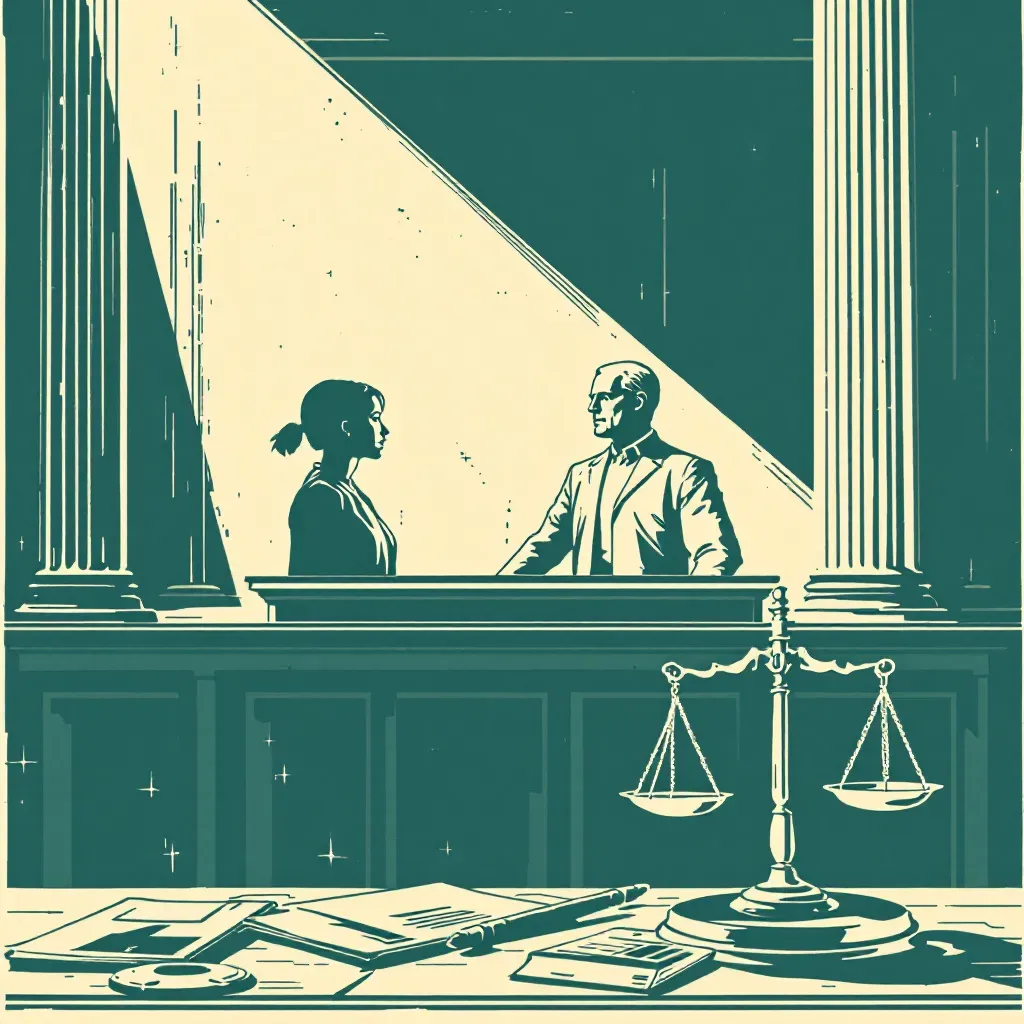 A courtroom scene depicting an innocent person, the accused, standing in the defendant's box surrounded by gavel, scales of justice, and evidence folder, symbolizing a wrongful conviction.