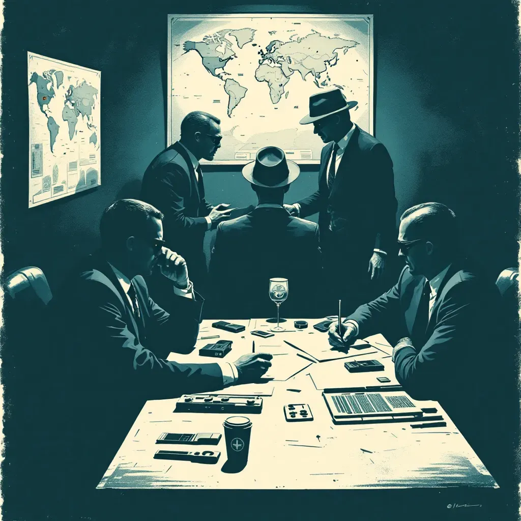 A clandestine meeting in a dimly lit room with CIA operatives exchanging confidential documents, various spy gadgets on the table, a wall map with marked locations indicating global operations and intrigue.