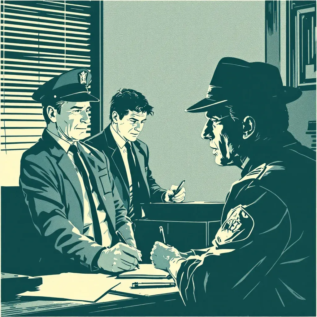 A survivor recounting their ordeal in a police station, with detectives attentively taking notes; the survivor's emotional expression captures both trauma and relief, key to shaping the investigation.