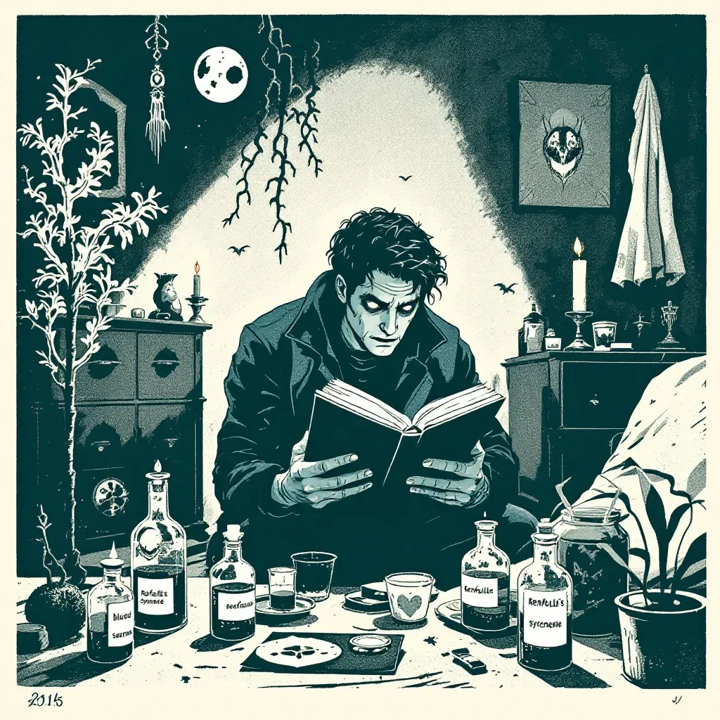 A somber room with a person intensely reading a medical book on Renfield's syndrome, surrounded by unusual objects like vials labeled 'blood sample,' candles, and ritualistic paraphernalia.