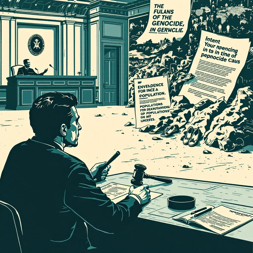 A courtroom with a judge and a gavel, evidence of mass graves and symbolically empty shoes, a map showing population movements, and legal documents highlighting intent and accountability in a genocide case.