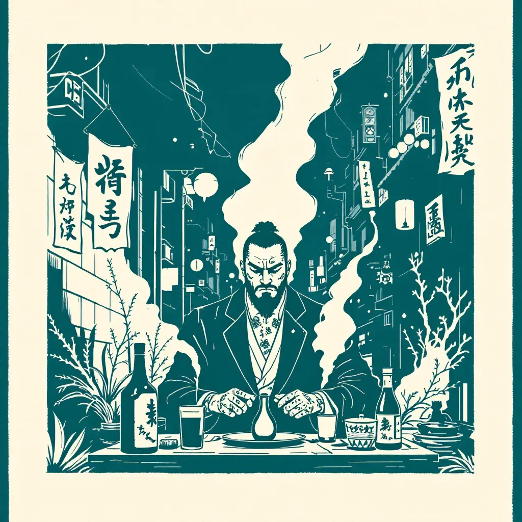 Image of a yakuza member in a suit with visible tattoos, surrounded by traditional Japanese symbols, and engaging in a solemn ritual involving sake; a shadowy urban backdrop hints at clandestine activities.