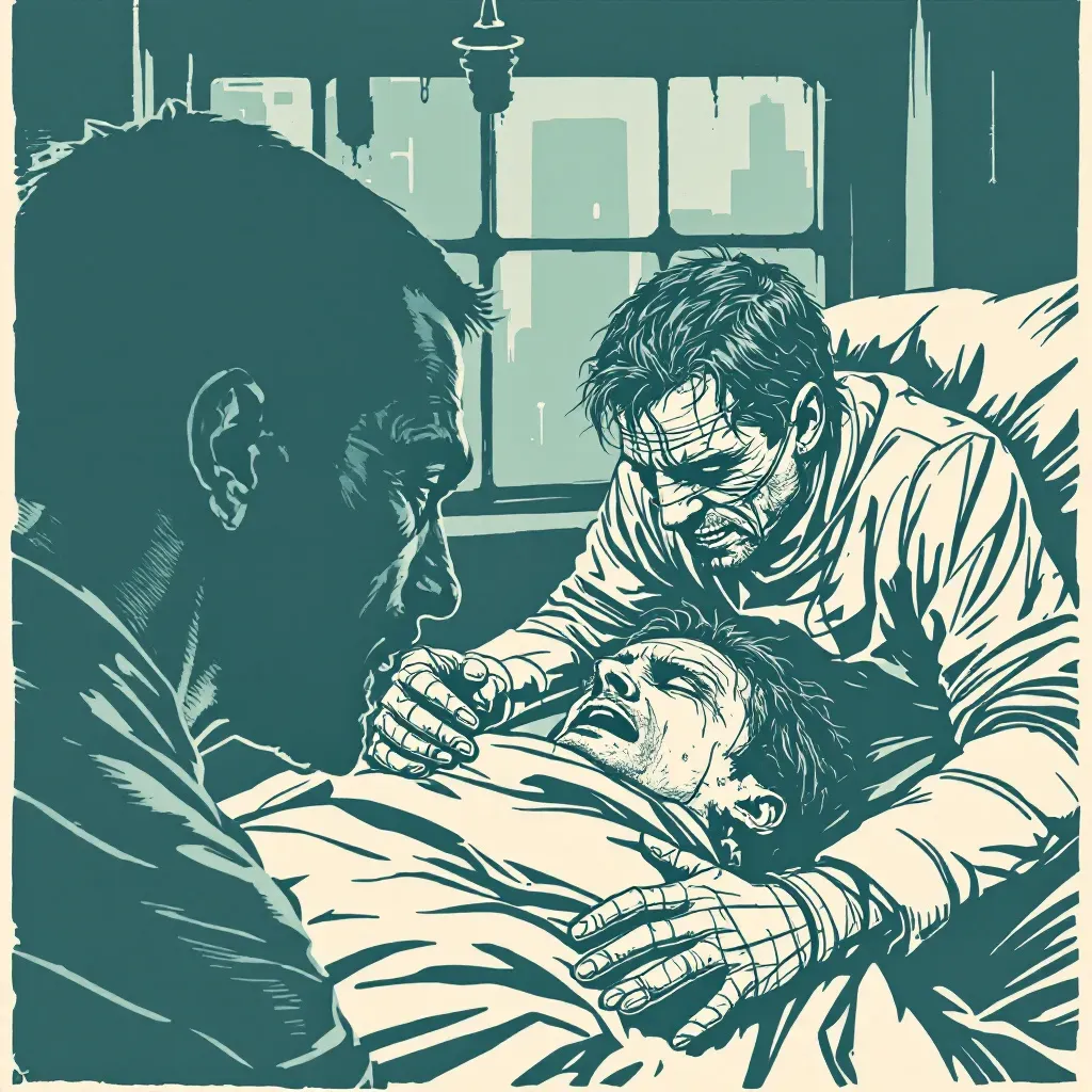 A bound and visibly stressed victim forming a empathetic connection with a calm and manipulative perpetrator, set against the backdrop of a tense hostage situation, highlighting the psychological complexities of Stockholm syndrome.