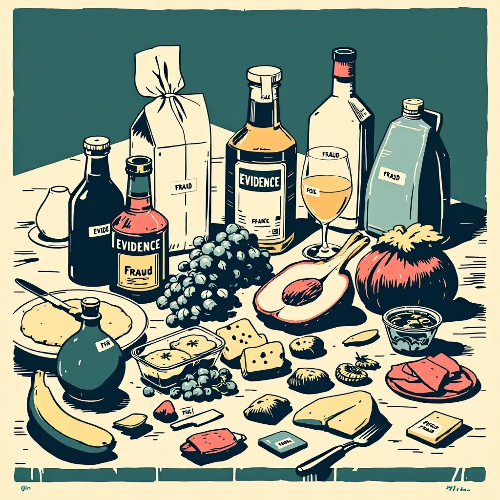 A table with various food items, some marked with evidence tags, indicating their role in crimes like theft, fraud, and poisoning, suggesting their use as tools for economic gain and health threats.