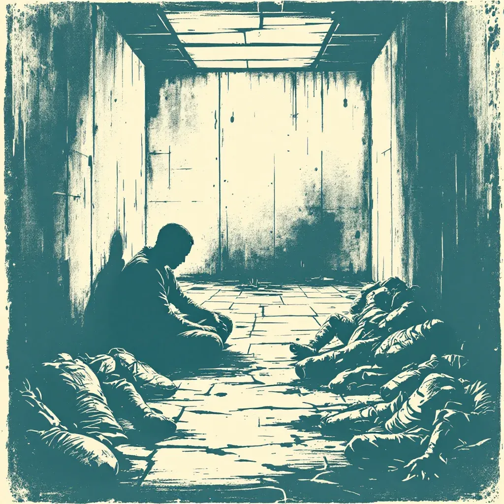 A captive prisoner of war in a stark cell, symbolizing Geneva Conventions protection; nearby, evidence of torture signifies war crimes—a dramatic juxtaposition of lawful protection and heinous abuse.
