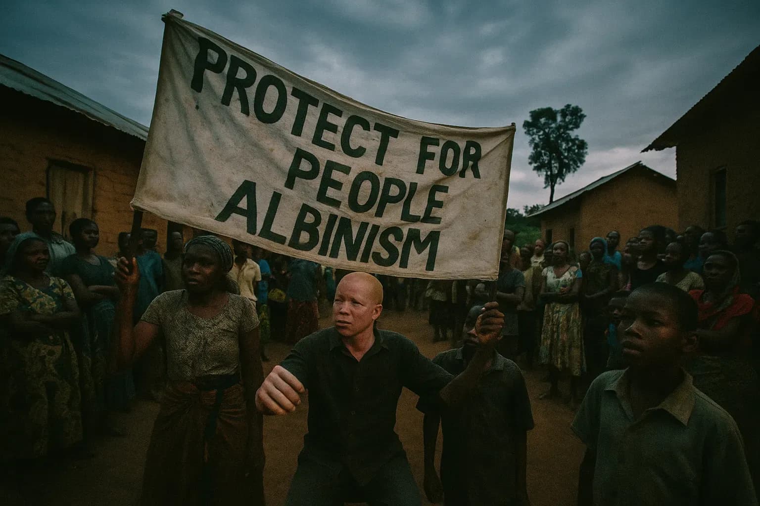 En protestscene i en østafrikansk landsby, med et banner holdt af aktivister, der går ind for beskyttelse af mennesker med albinisme, omgivet af samfundsmedlemmer, der lytter intenst.