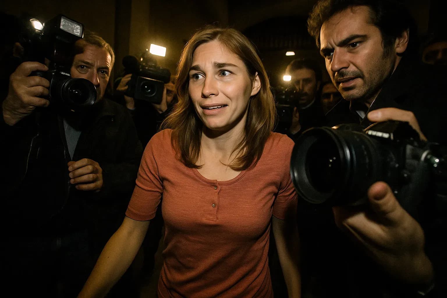 En skikkelse, der ligner Amanda Knox, går gennem en skare af journalister, mens kameraer blinker, idet hun forlader en italiensk retsbygning, hendes ansigtsudtryk en blanding af lettelse og vantro.