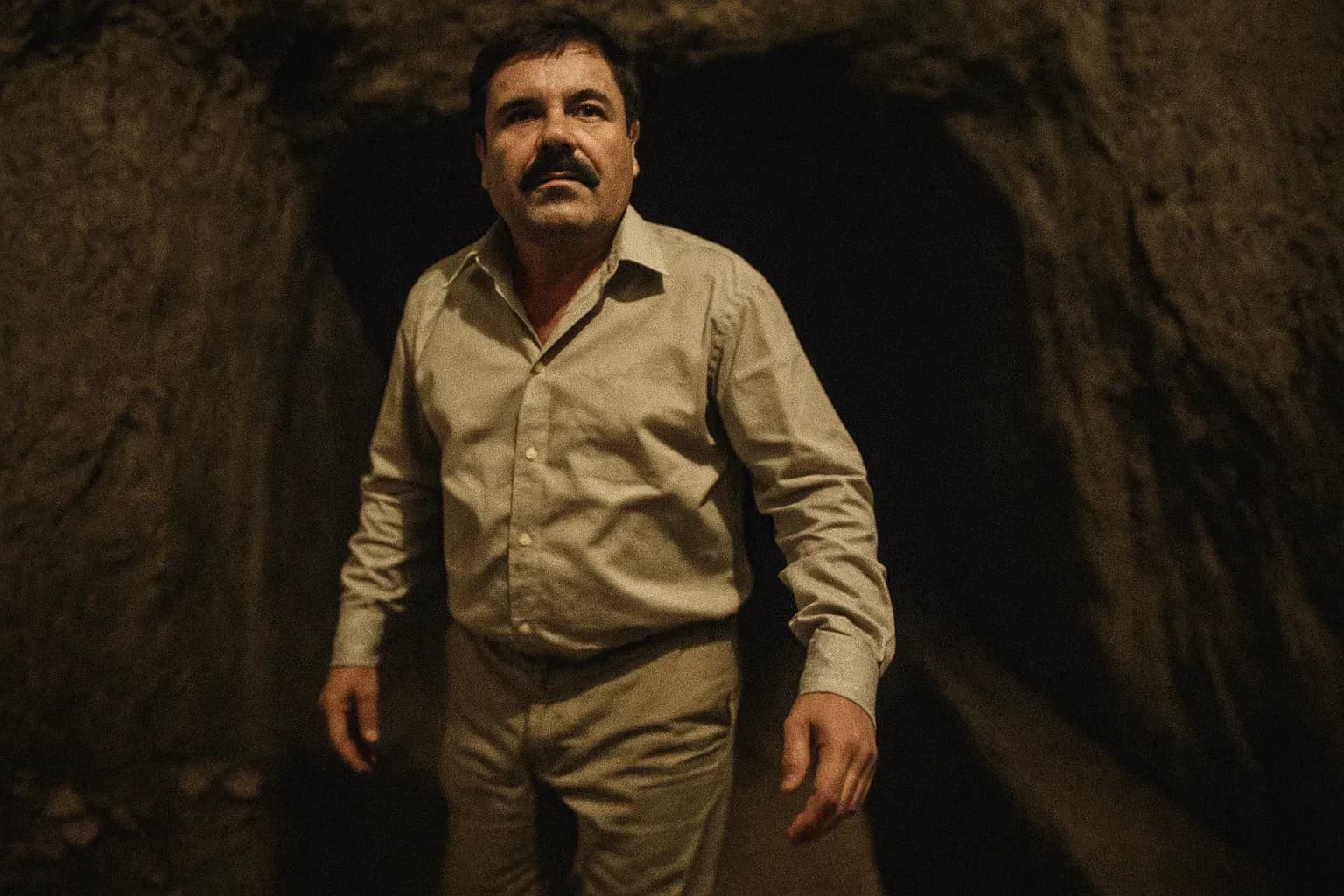 A figure resembling El Chapo stands in front of a deep, dimly lit tunnel, symbolizing the infamous 2015 prison escape.