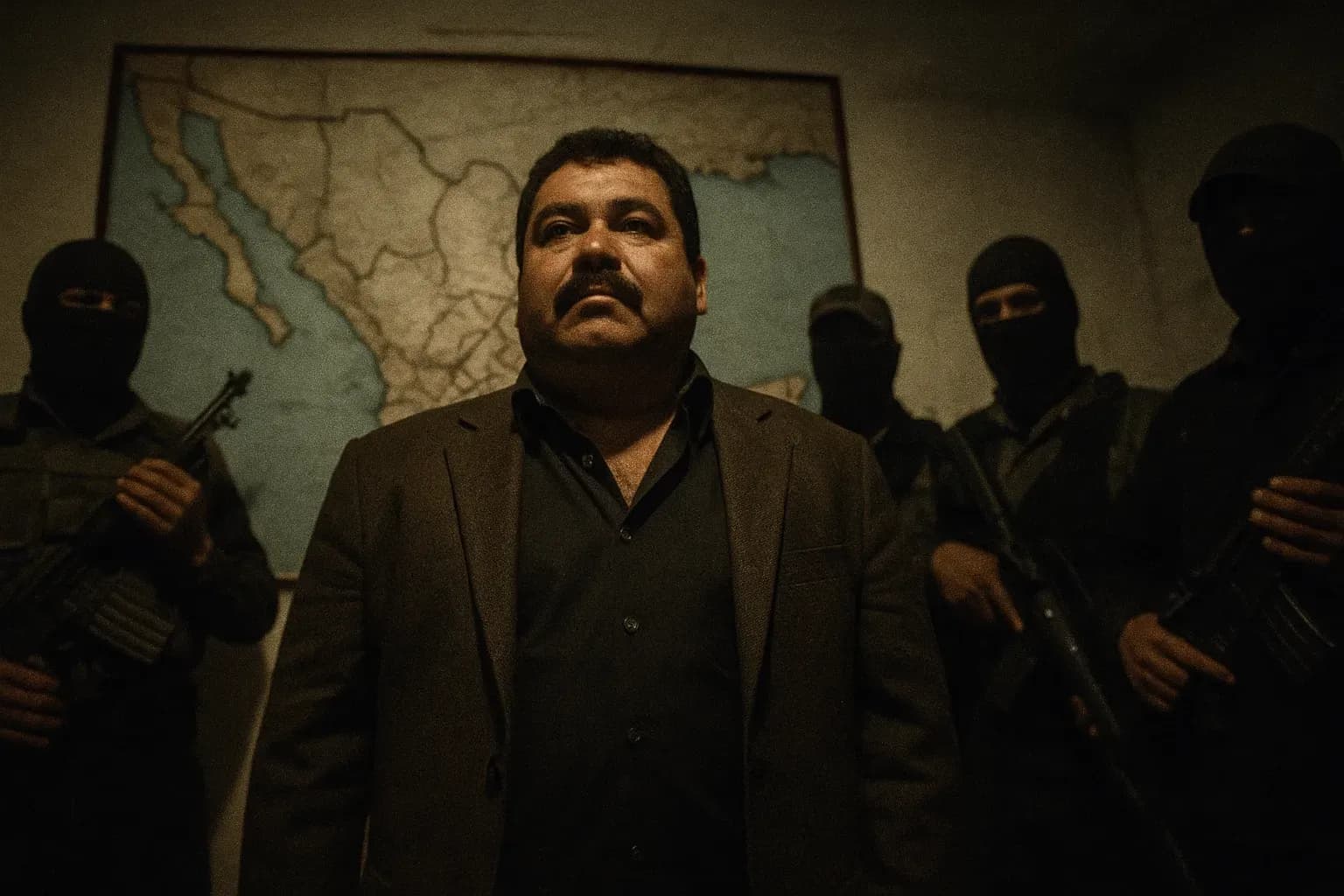 A figure resembling Osiel Cárdenas Guillén stands in front of a map of Mexico with marked routes, surrounded by cartel members in a dimly lit room, symbolizing the Gulf Cartel's network and influence.