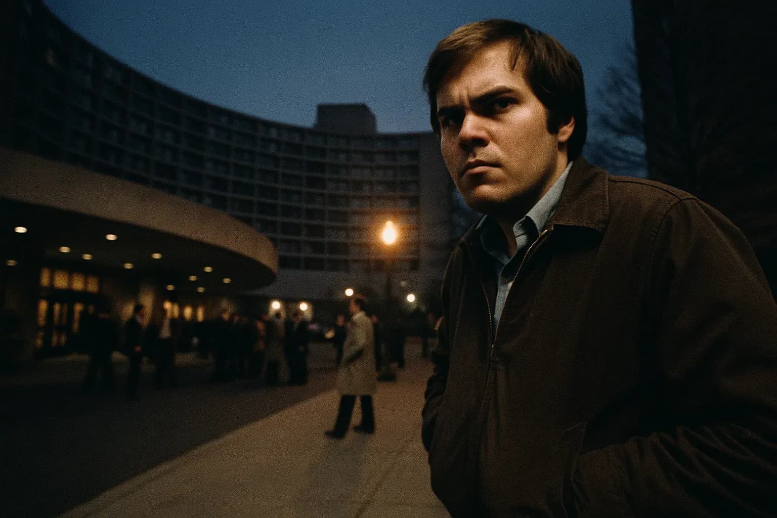 A figure resembling John Hinckley Jr. stands outside the Washington Hilton, observing the scene with intense focus, his brow furrowed and hands tucked into his jacket pockets, evoking the tense moments before the assassination attempt on President Reagan