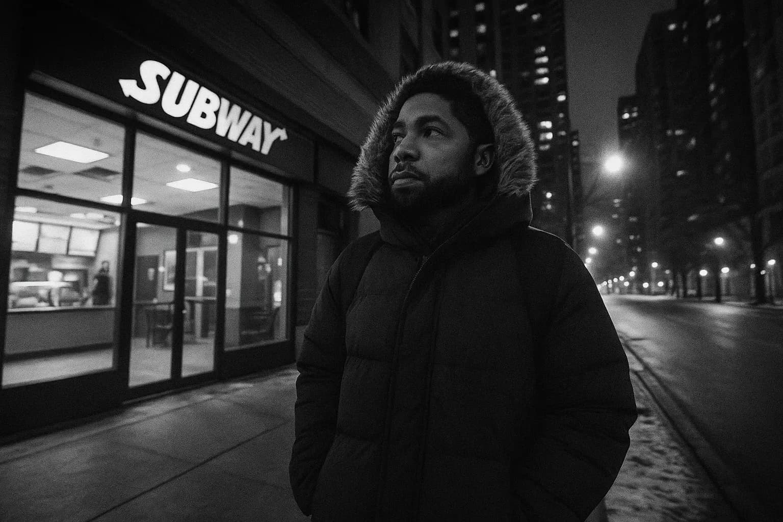 A figure resembling Jussie Smollett stands outside a Subway restaurant in Chicago’s Streeterville area, glancing towards the empty street, bundled in a heavy coat.