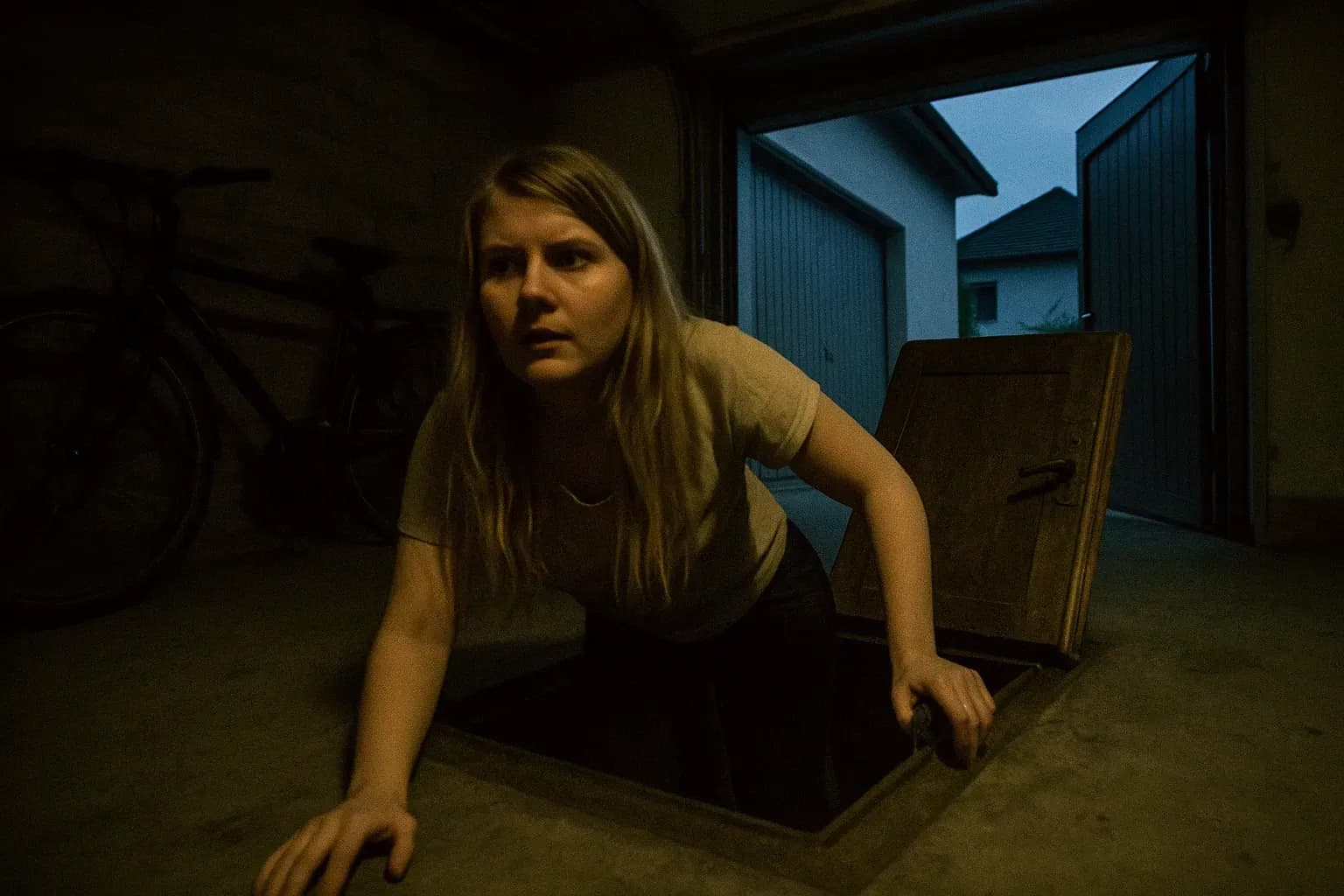 A figure resembling Natascha Kampusch, emerging from the entrance of a cellar in a modest suburban garage in Strasshof, Austria, with the door ajar, symbolizing her escape and return to freedom.