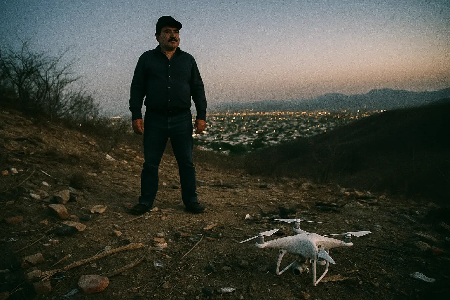 A figure resembling El Chapo stands atop a barren hillside in Culiacán, surrounded by scattered debris and the remnants of an abandoned drone, symbolizing the Sinaloa Cartel's technological reach and enduring influence.