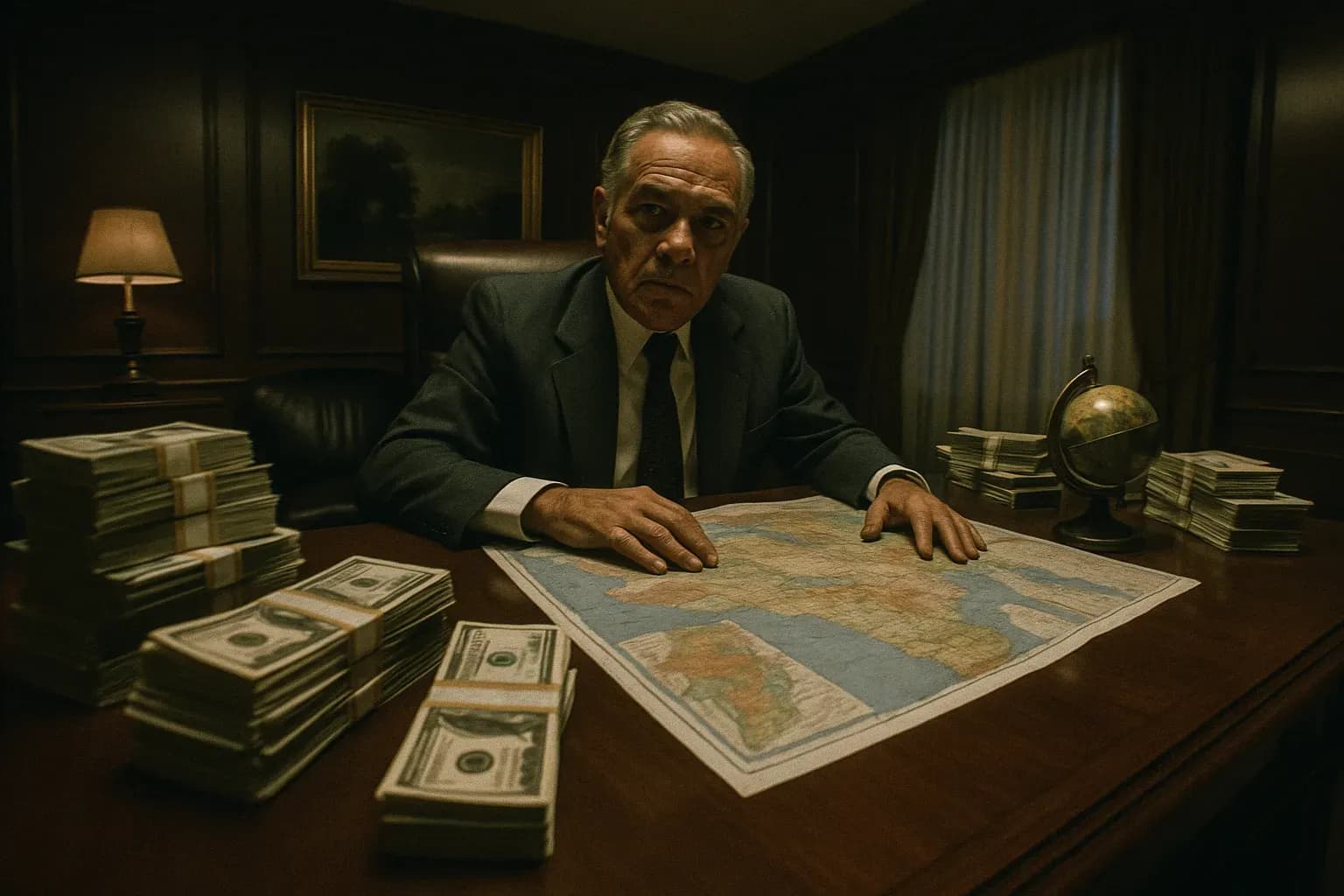 A figure resembling Gilberto Orejuela, wearing a business suit, sits at a large wooden desk cluttered with stacks of cash, maps, and a small ornate globe in an upscale office setting.