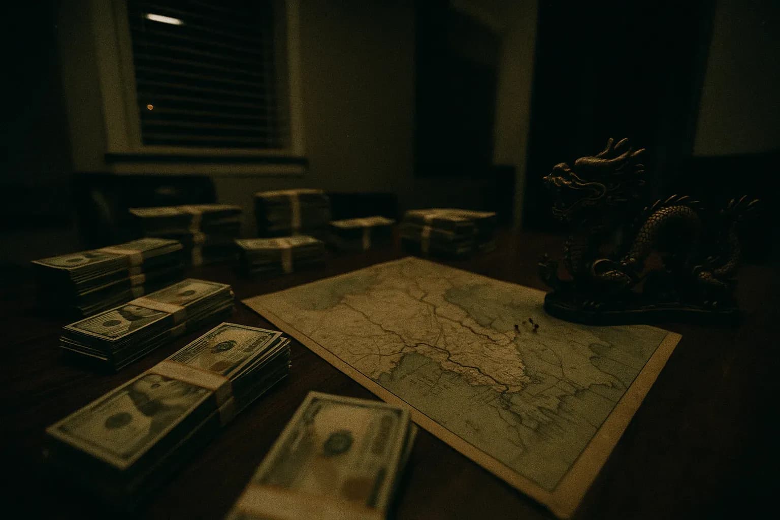 A table inside a dim room in Vancouver, covered with stacks of cash, a worn map of the Golden Triangle, and a traditional Chinese dragon figurine, symbolizing the reach of the triads.