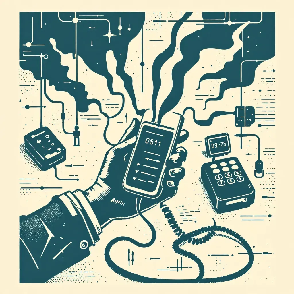 A crime scene with a phone prominently featured, listening devices and telecom data lines depicted around, showing law enforcement deciphering calls to unveil hidden motives and catch perpetrators.