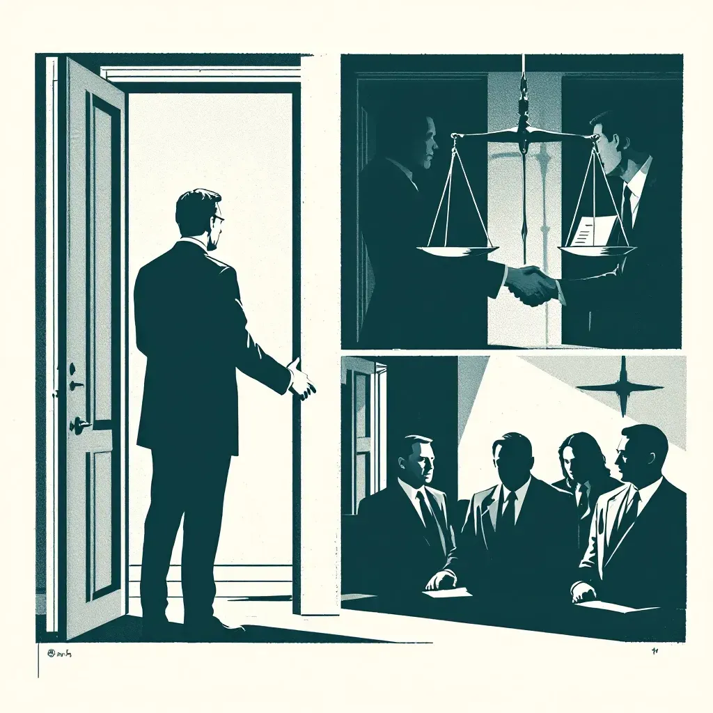 A figure shaking hands with a shadowy politician behind closed doors, a scale of justice tipping under weighty documents, blurred silhouettes of officials engaged in secretive discussion.
