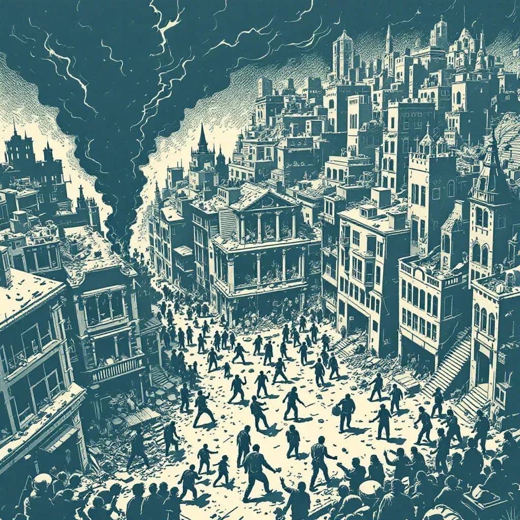 A crumbling cityscape with smoke rising, scenes of looting and chaos amid destroyed buildings, groups of figures engaged in conflict with deserted streets symbolizing lawlessness and societal collapse.