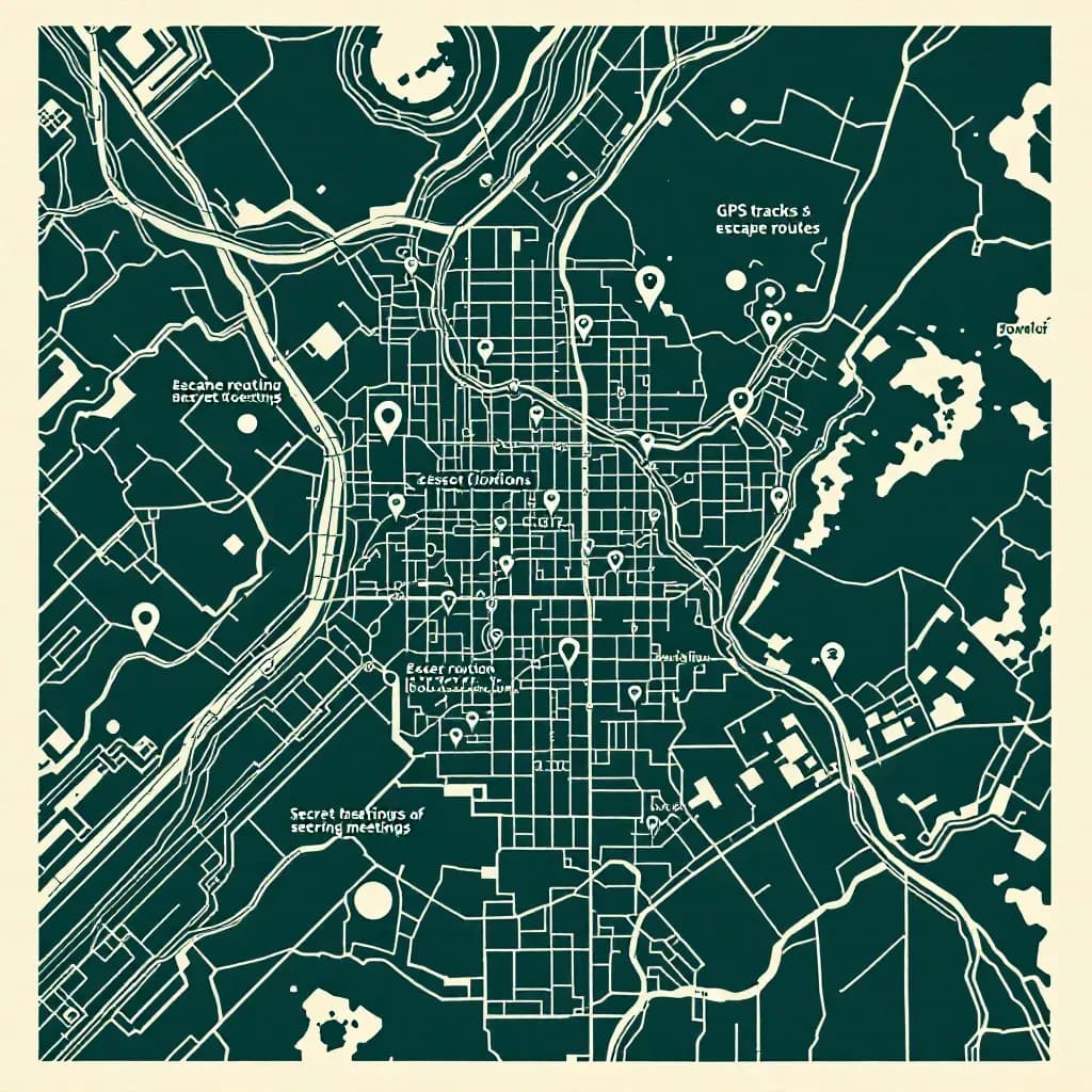 A digital map displaying GPS tracks overlaying a city grid, with data points marking escape routes and secret meeting locations, symbolizing the use of GPS data in criminal investigations.