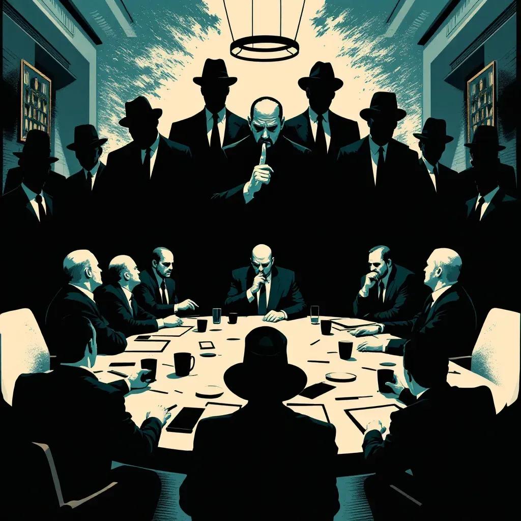A shadowy boardroom depicting a hierarchy of mafia leaders, a figure with a finger to their lips symbolizing omertà, surrounded by investigators struggling against an invisible wall.
