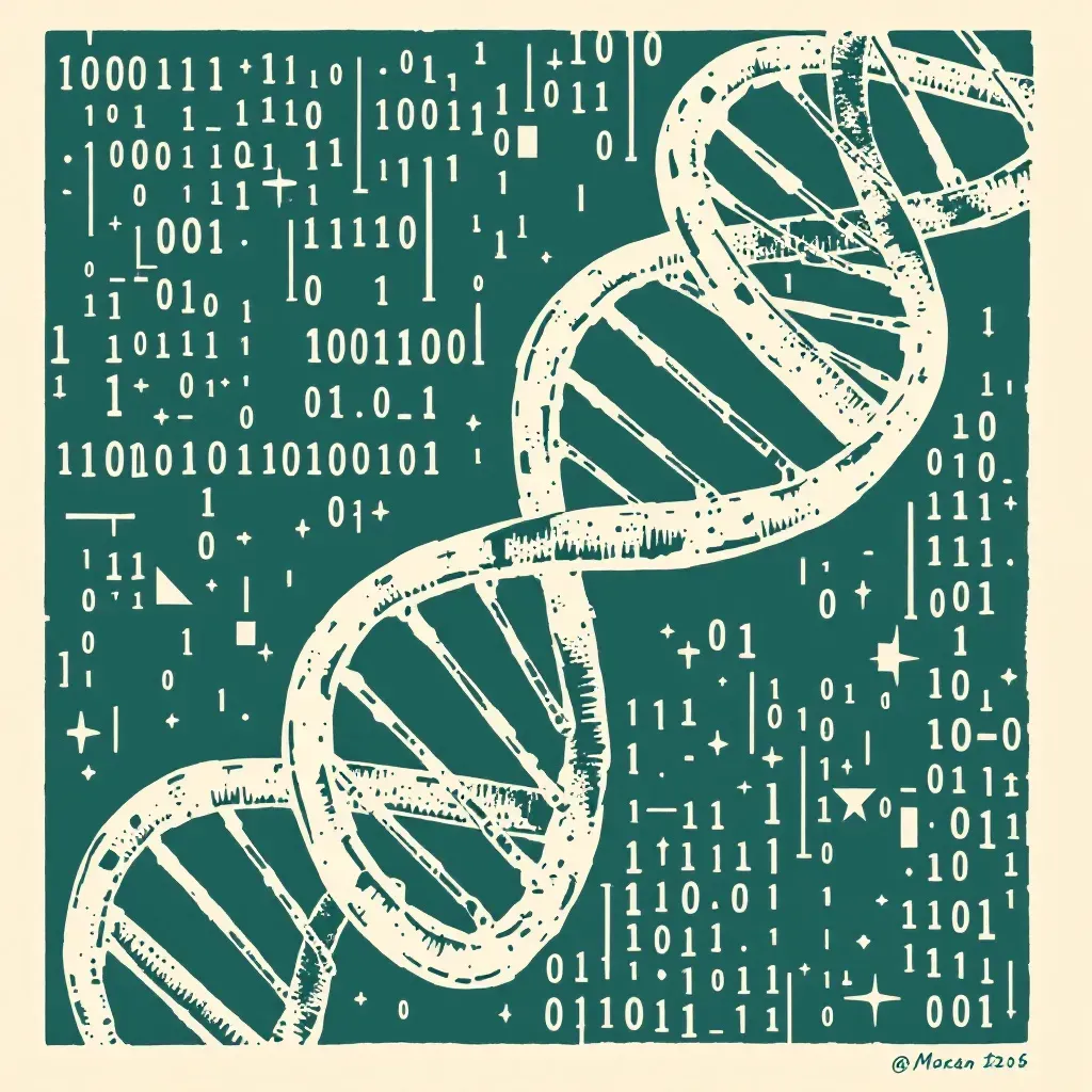 DNA strands intertwined with digital binary code, representing the foundation of determining guilt and justice in criminal cases.