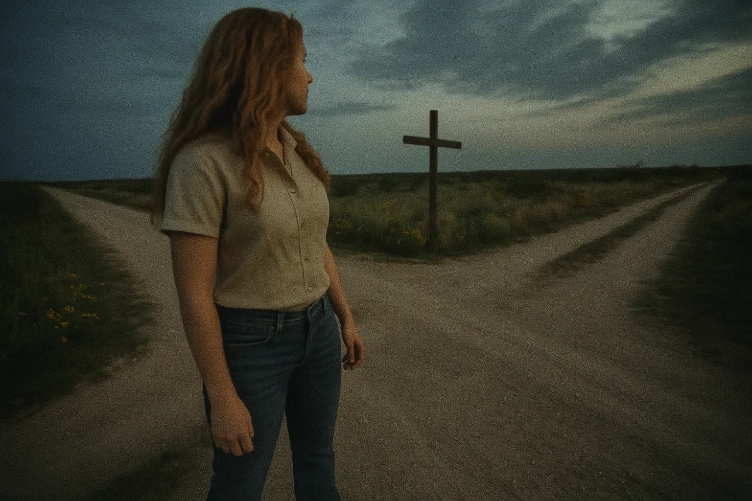 En skikkelse, der ligner Baby Holly, nu voksen, står ved en vejrbidt korsvej i det fjerntliggende Texas-landskab, omgivet af krat og vilde blomster, hvilket vækker en følelse af historie og genforening efter årtier fra hinanden.