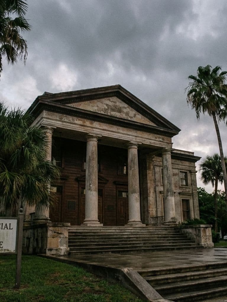 Virginia Giuffre og Jeffrey Epstein retsopgør 2000: Retsbygning i Florida under en dramatisk himmel.