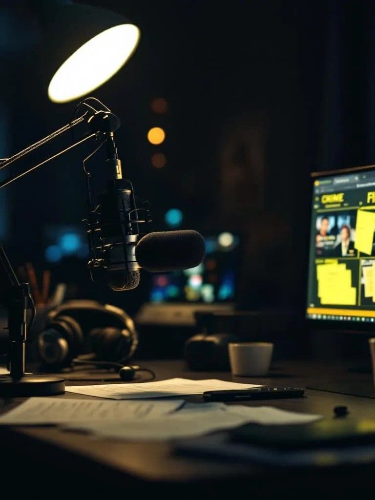 Ugens true crime guide uge 19 2026 — journalist desk med mikrofon, headphones og krimidokumentation
