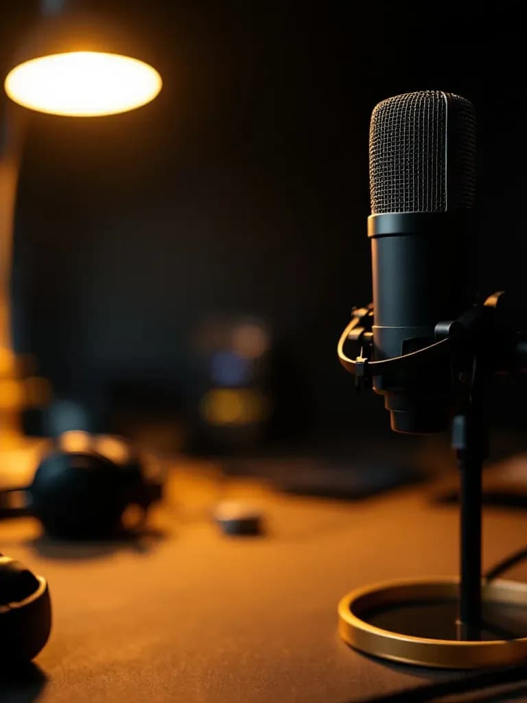 Podcast-mikrofon i mørkt studie — mest hørte true crime-podcasts i Danmark