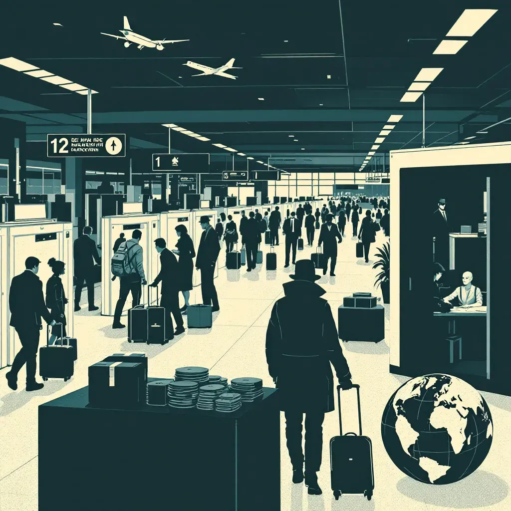 Passengers moving through a busy airport terminal, luggage passing through security scanners, airport staff inspecting bags, a clandestine exchange of goods in a secluded corner, and a globe symbolizing international connections and crime.
