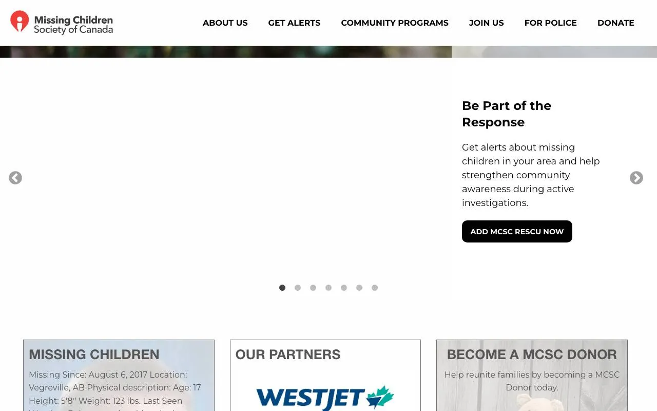 Missing Children Society of Canada — website screenshot