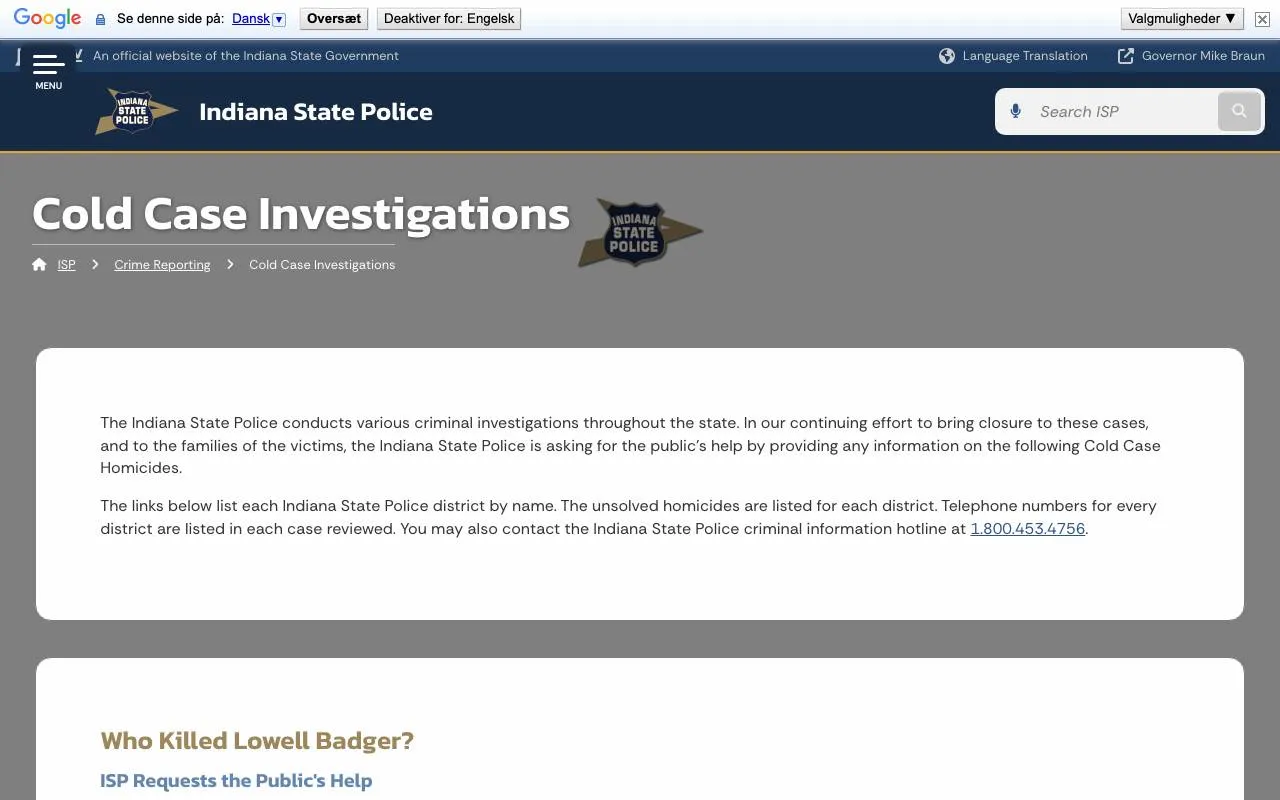 Indiana State Police Cold Cases — website screenshot