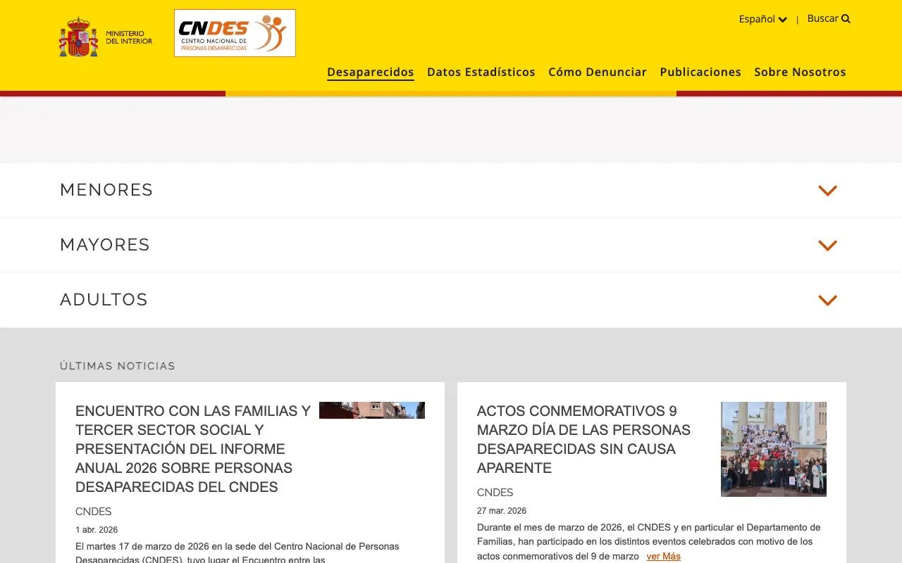 Centro Nacional de Personas Desaparecidas (CNDES) — website screenshot